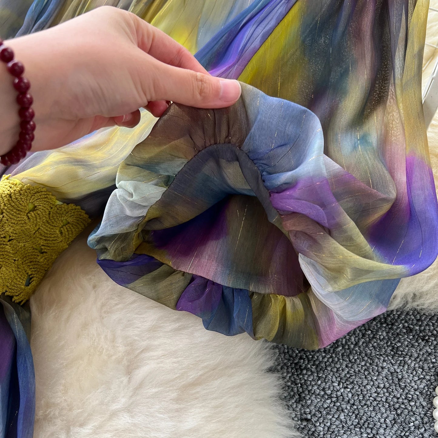 sweet tie dye Lantern Sleeve embroidery o neck chiffon Dress French Party Elegant Summer Sexy Slim Women dresses