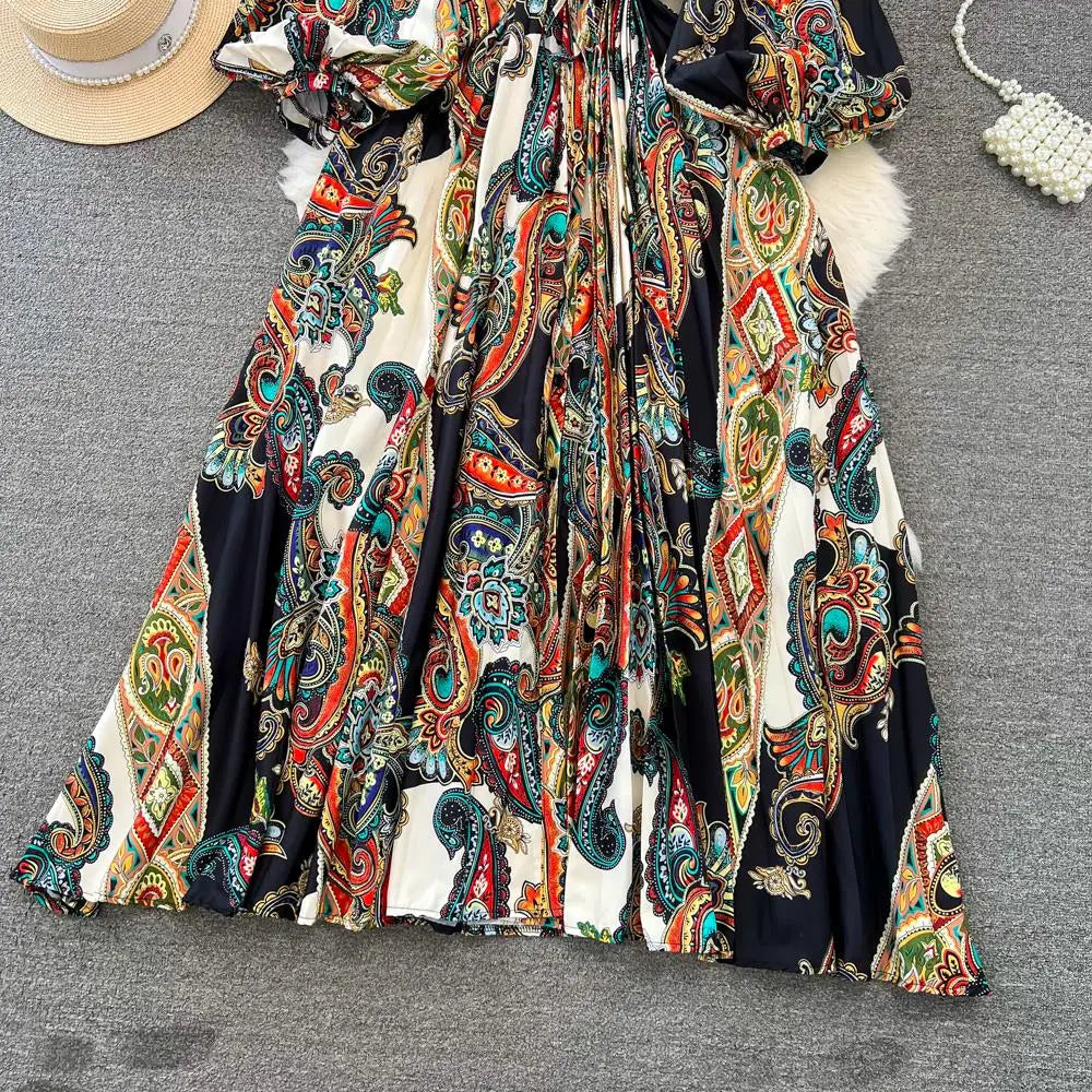 Elegant Women Casual Floral Print Party Dress Vintage Lantern Sleeve A-Line Pleated Prom Birthday Clothes Female Fashion Robe