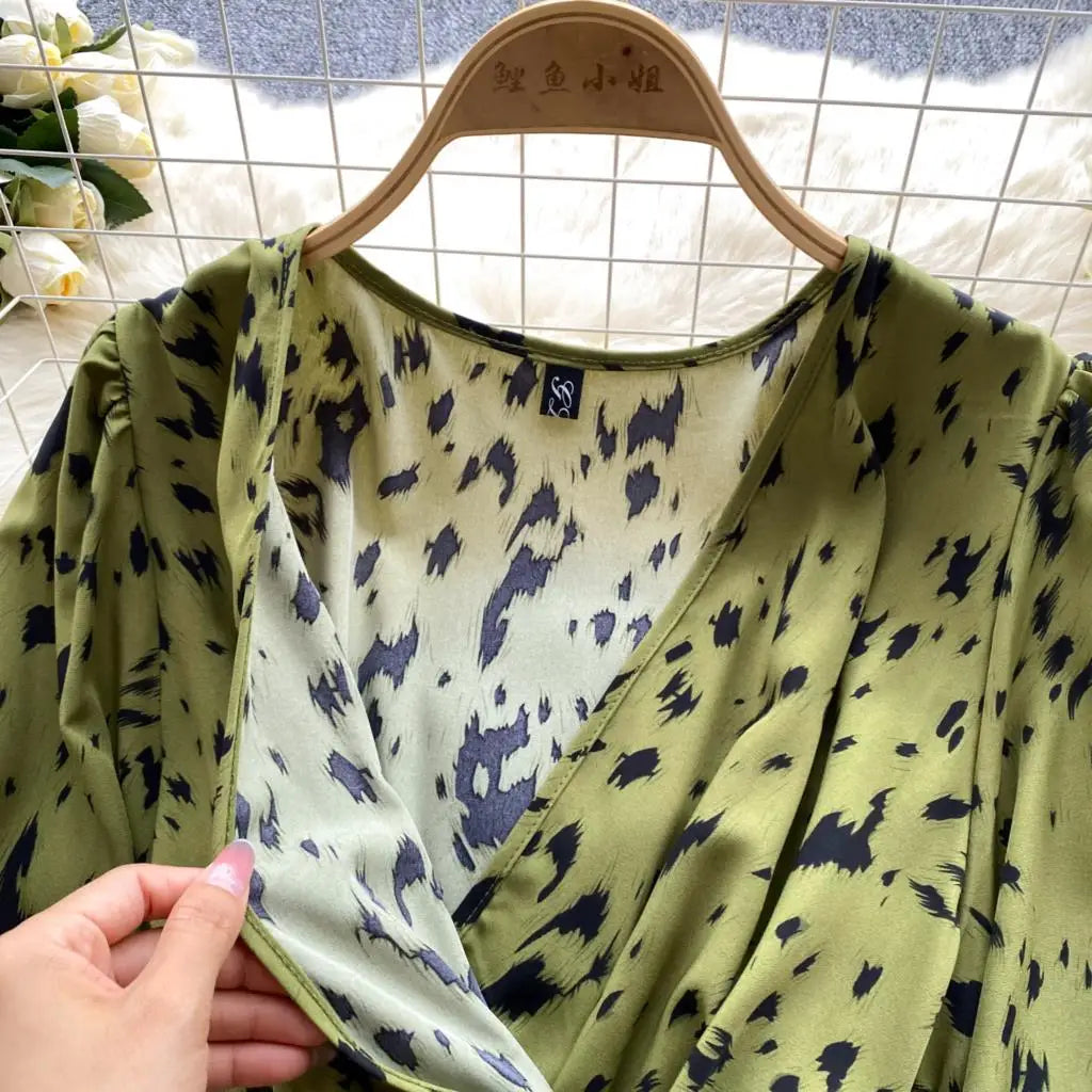 Women Casual Vintage Print Ruffle Long Dress Autumn Elegant V Neck Lantern Sleeve Party Mermaid Dresses Holiday Female Mujer New