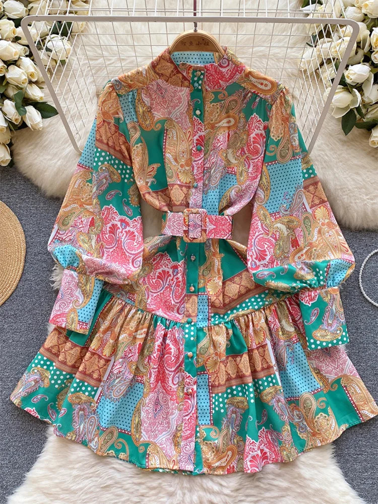 New In Dresses 2024 Spring Vintage Paisley Print Vacation Bohemian Dress Women Stand Collar Long Sleeve Mini Dress With Belt