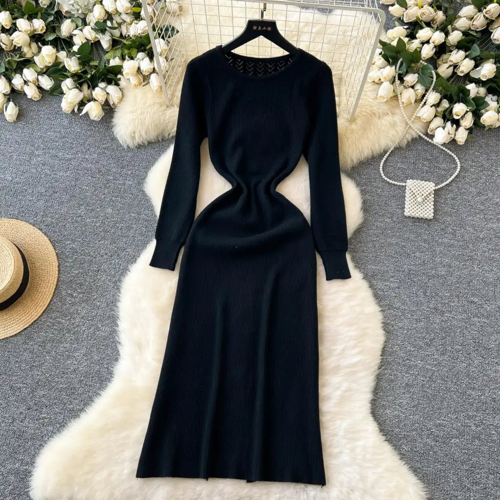 Elegant Solid Knitted Dress for Women Autumn French Vintage O-Neck Long Sleeve Fashion Evening Party Sweater Slim Midi Dresses