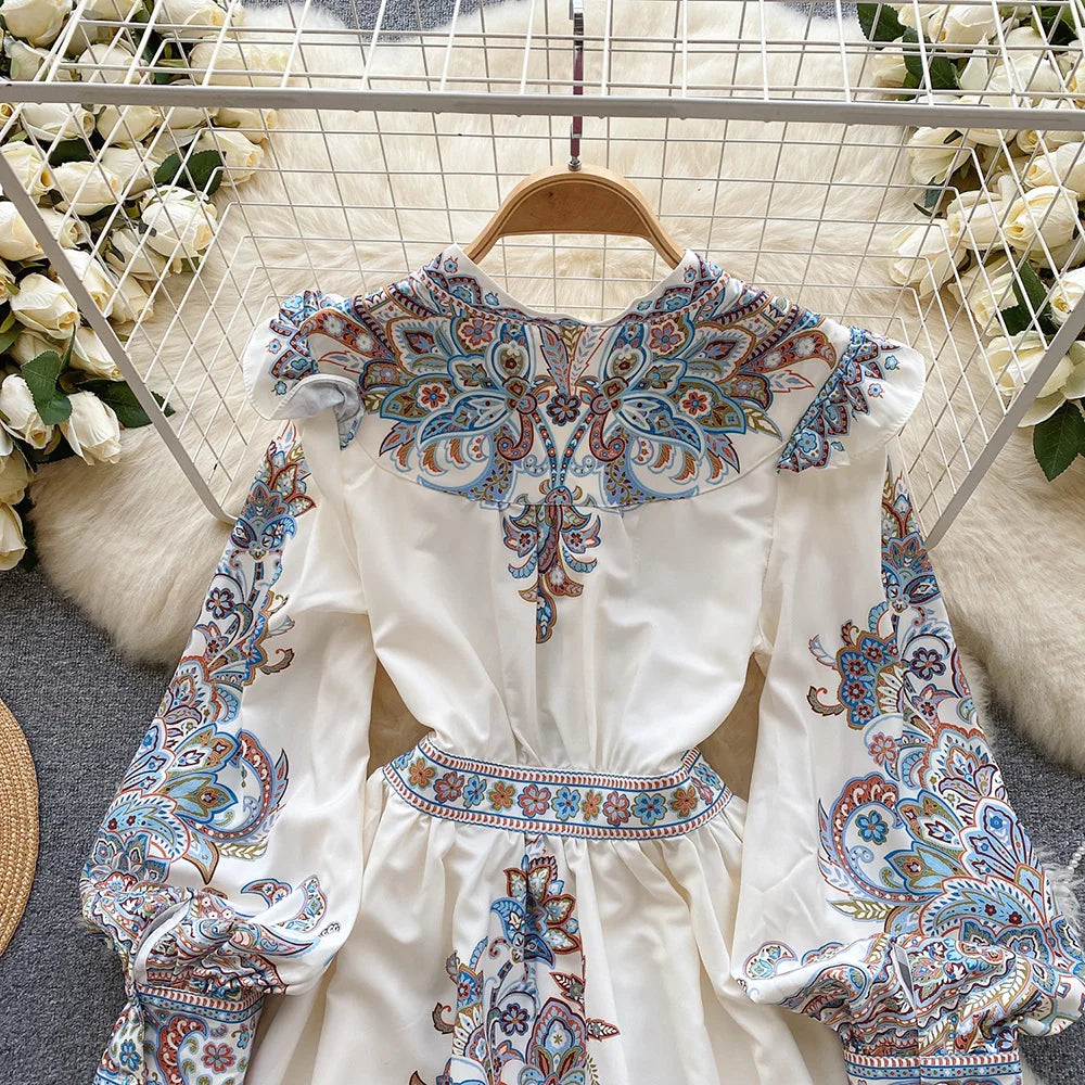 Elegant Dresses For Women 2024 V Neck Vintage Paisley Print Mini Holiday Dress Spring Ruffle Trim Long Sleeve Bohemian Dress