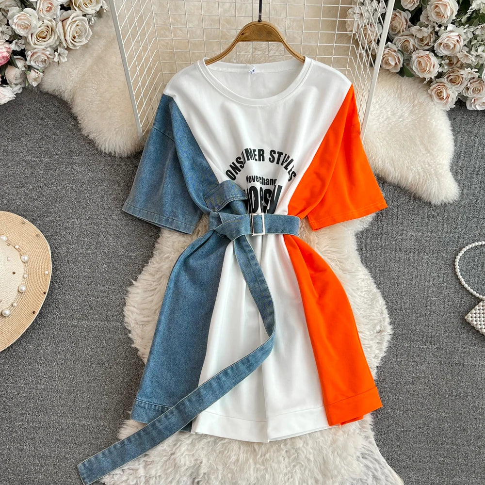 Women Summer Casual T Shirt Short Sleeve Streetwear Patchwork Denim Long Shirts Female O-neck Slim Jeans Tops
