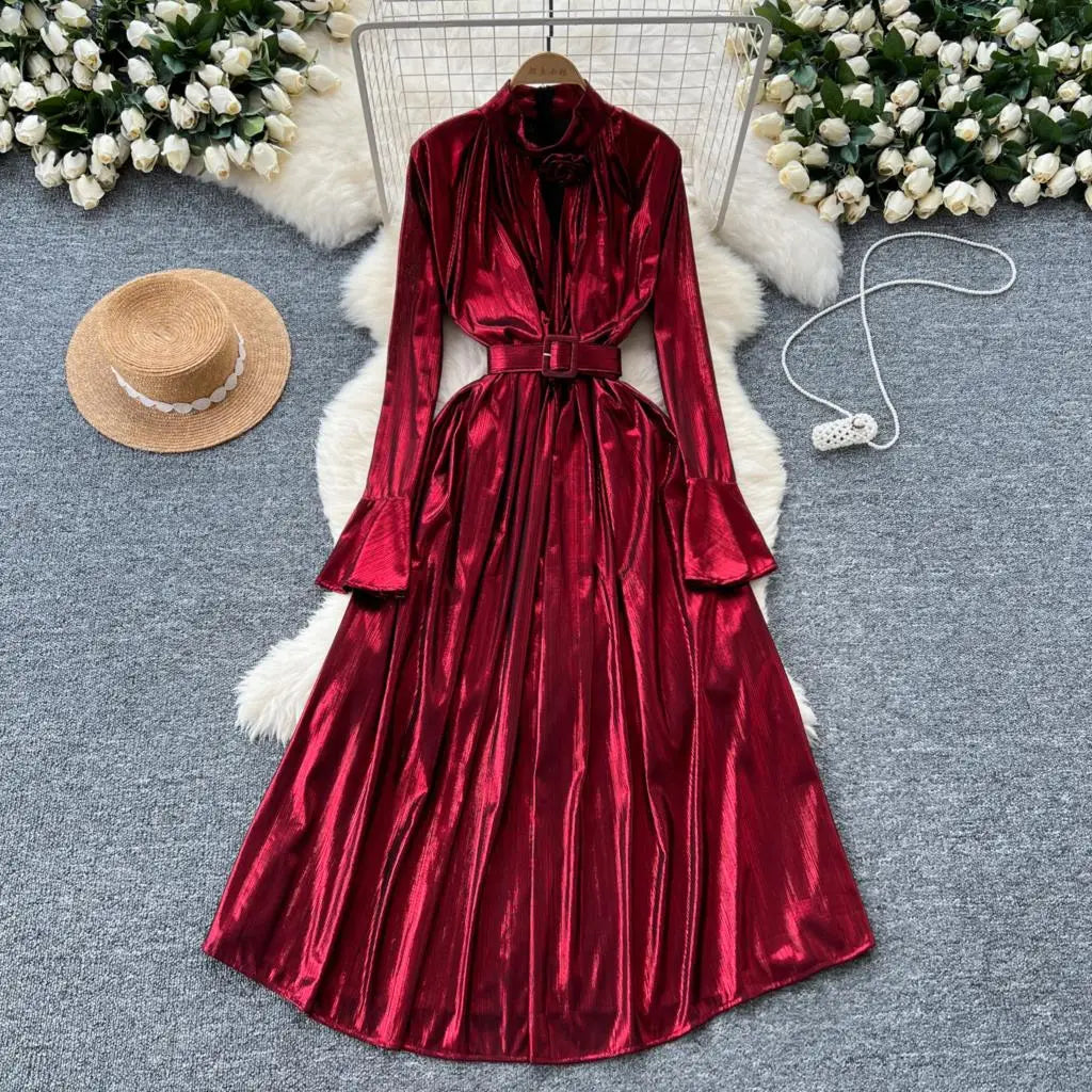 Autumn Vintage Pleated Women Long Dress Elegant Stand Collar Solid A-Line Party Prom Vestidos Female Birthday Clothes Mujers