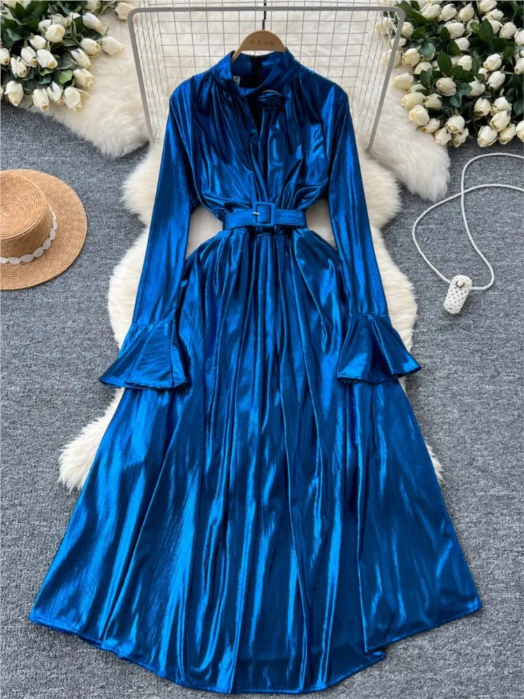 Autumn Vintage Pleated Women Long Dress Elegant Stand Collar Solid A-Line Party Prom Vestidos Female Birthday Clothes Mujers
