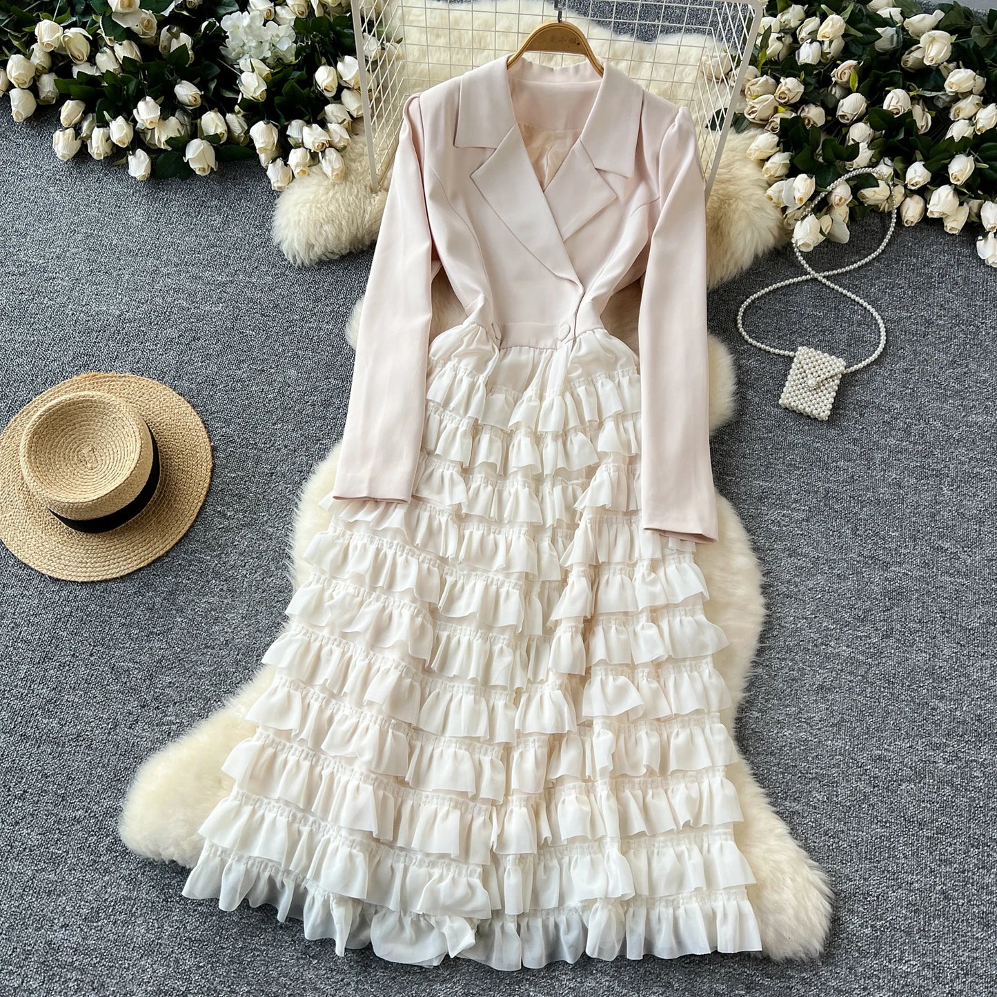 French Vintage Two Pieces Sets Notched lool sleeve mesh sweet A-line Chic PATCHWORK Women Summer dresses