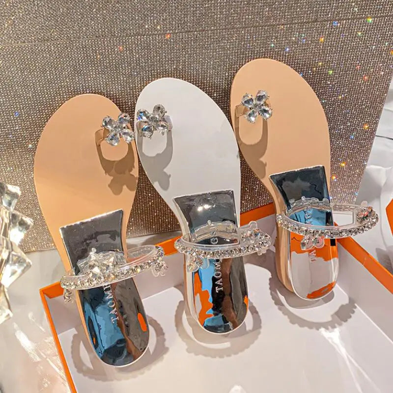 2024 Summer Crystal Women Slippers Fashion Clip Toe Slides Shoes Elegant Outdoor Beach Wedges Heel Sandal Flip Flop 34-43
