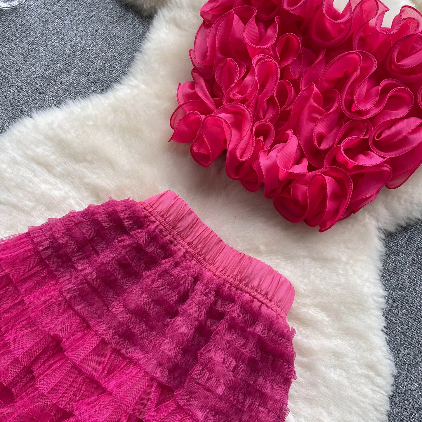 New Women Two Piece Set Summer Three-dimensional Flower Mesh Vest Tank Tops+mesh Long Skirts Fashion Korean Outfits