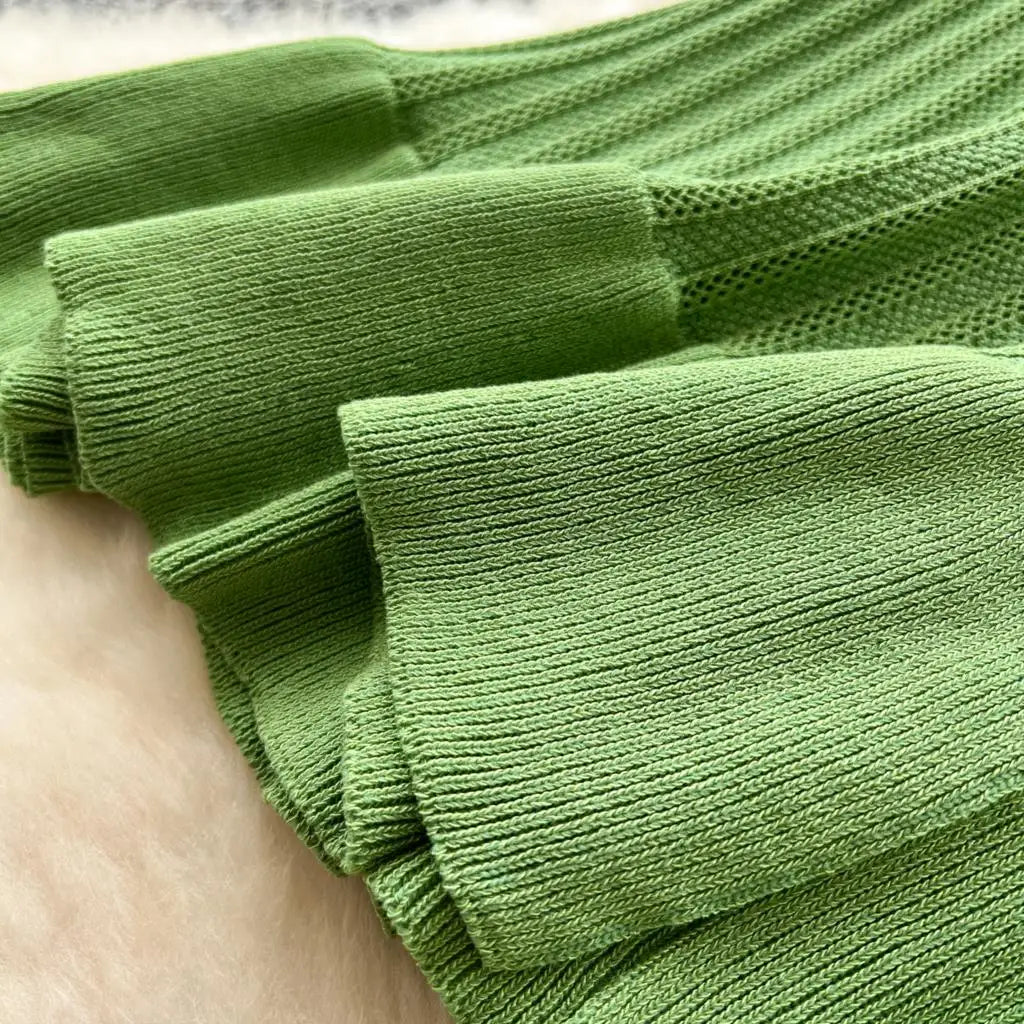 Elegant Women Solid Knitted Dresses Autumn V-Neck Single Breasted Chic Flared Sleeve Ruffles Hem Casual Female Slim Office Robes