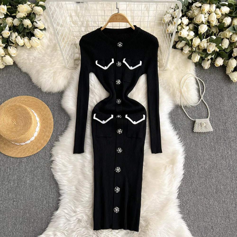 Women Elegant Chic Long Sleeve Sexy Slim Bodycon Dress Vintage Korean Fashion Knit Tight Vestido Autumn Winter Sweater Robe