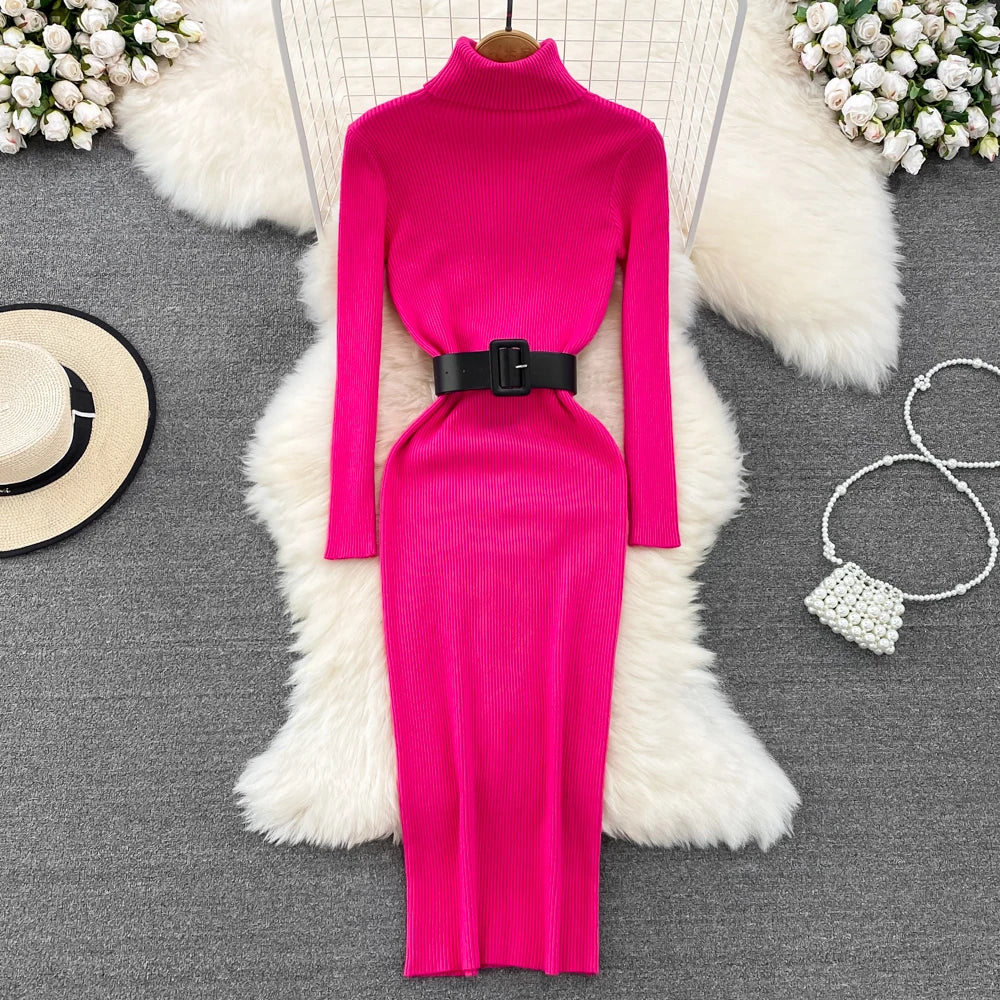 Elegant Turtleneck Long Sleeve Knit Soft Tight Pencil Dress with Belt Slim Fashion Warm Sweater Vestido Sexy Women Winter Robe