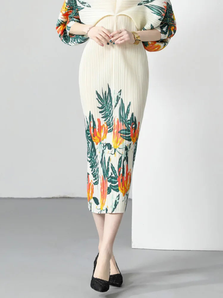 XFPV Women High Waist Printing A-line Pleated Dresses V-Neck Long Sleeved Lightweight Vestidos Spring Summer 2024 SM10792