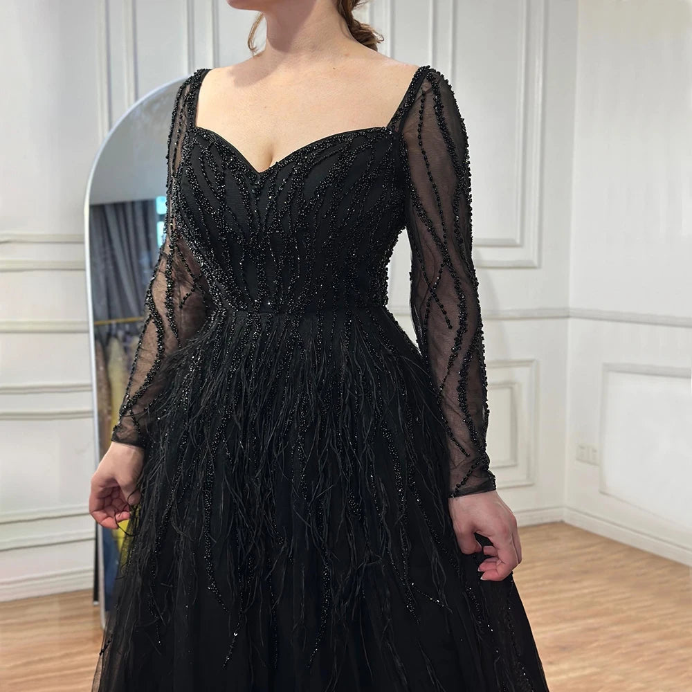 Serene Hill Arabic Red Elegant A Line For Women Long Sleeves Evening Dress Luxury Beaded Handmade Feathers 2024 LA71468