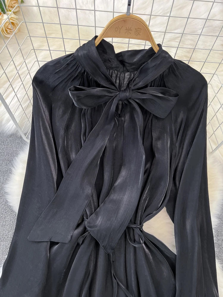 Elegant and Chic Solid Evening Dresses for Women Fashion New Bow Lace Up Flare Long Sleeve A-Line Vestidos Autumn Female Clothes