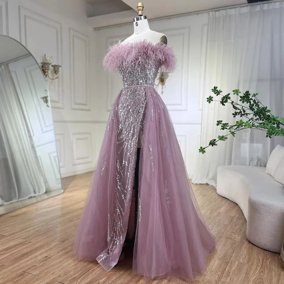 SERENE HILL 2024 Blue Feather Mermaid Luxury Beaded Evening Dresses Overskirt Formal Pink Gowns For Women Wedding Party GLA72061