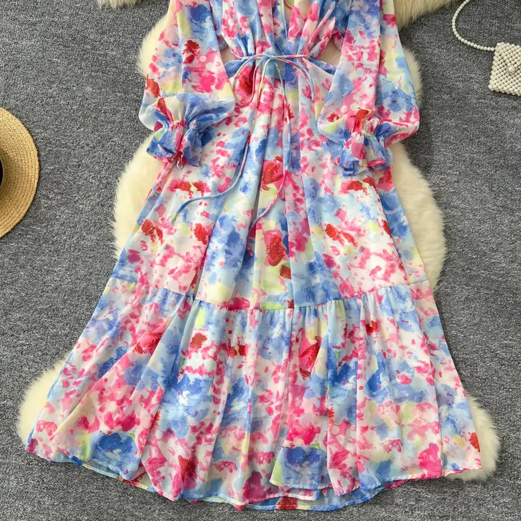 Elegant Floral Print Party Dress for Women French O-Neck Embroidered Flares Lace Up Lantern Long Sleeves Chiffon Long Dresses