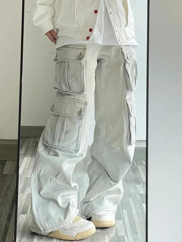 Wide Leg Cargo Pants for Women High Waist Denim Pants with Pockets Baggy Trendy Causal Hip-Hop Y2K Streetwear Spring