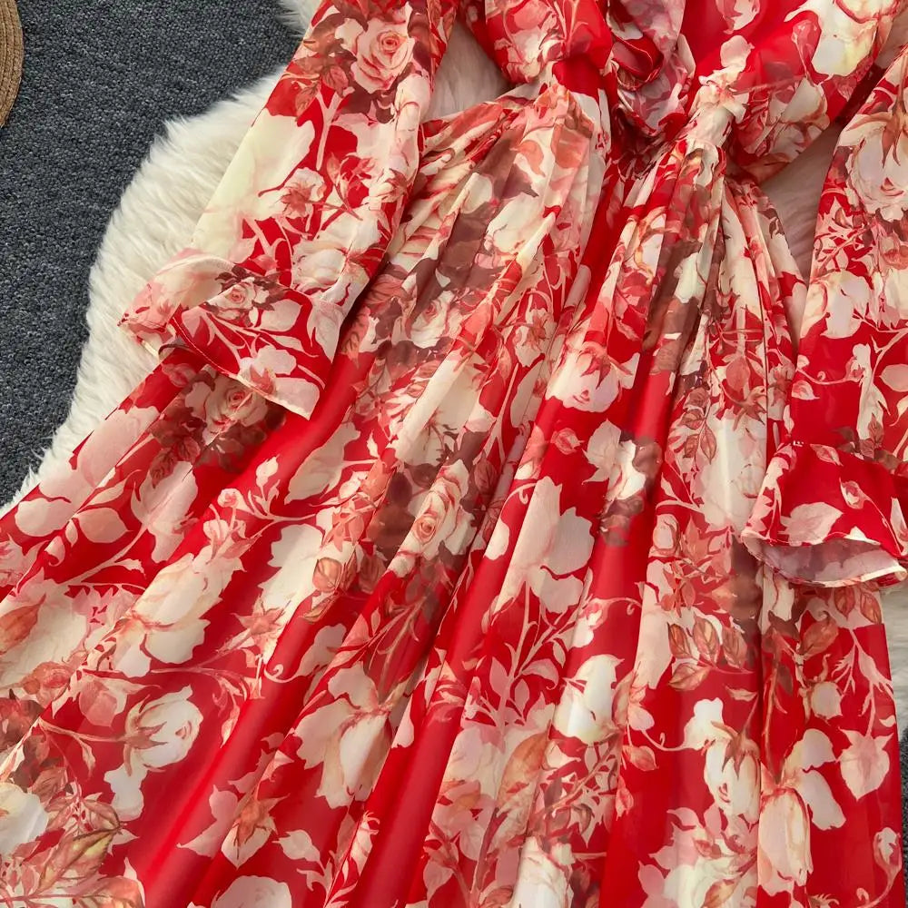 Women Elegant Floral Print Dress for Women Vintage V-Neck Long Sleeves Chiffon Slim A-Line Vestidos Mujer Autumn Female Clothes