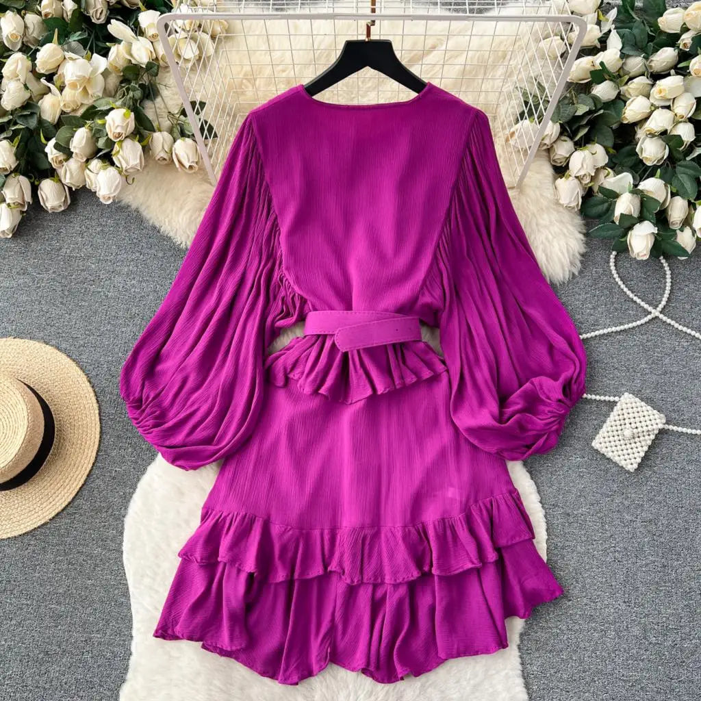 Vintage Puff Sleeve Ruffle Dress Women O-Neck A-Line Elegant Casual Party Prom Dresses Korean Autumn Fashion Female Vestidos New
