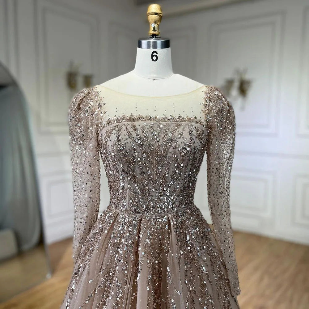 Serene Hill Muslim Pink A Line Beaded Luxury Dubai Long Evening Dresses Gowns 2024 For Woman Wedding Party LA71915