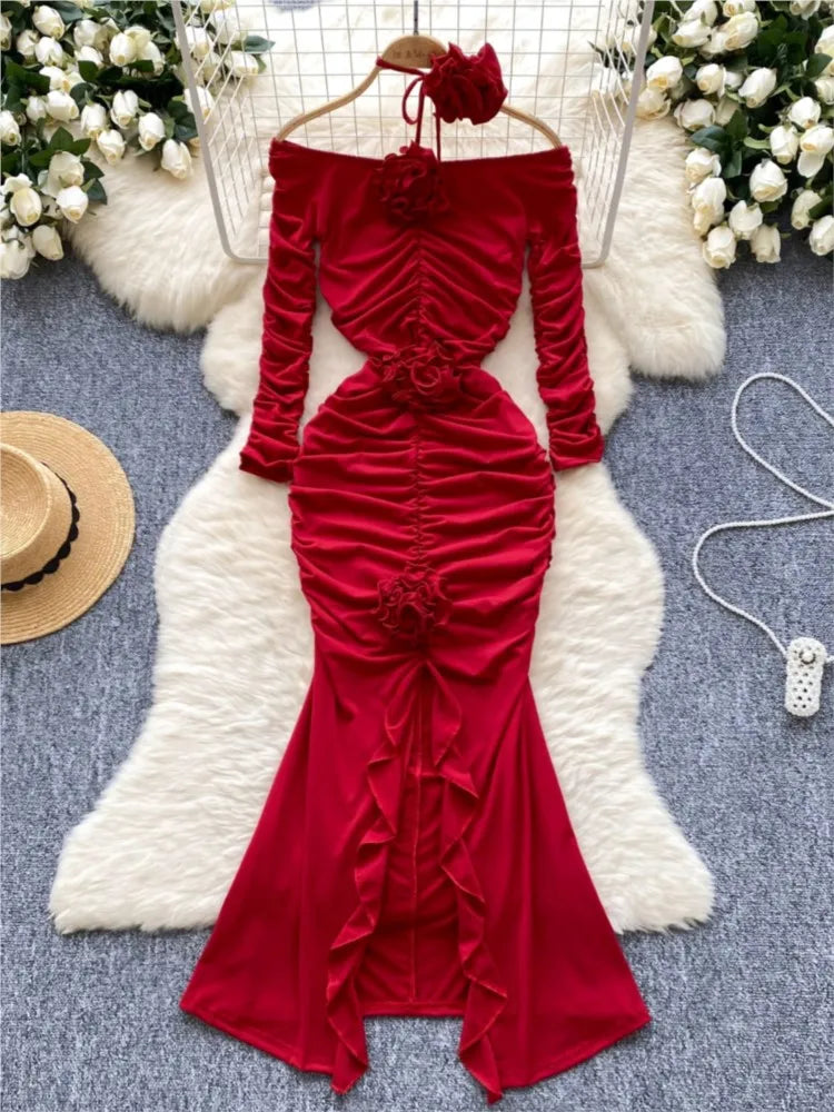 Sexy Elegant and Chic Women Pleated Mermaid Dress Strapless Bodycon Slim Evening Party Christmas Dresses Female Clothes Mujers