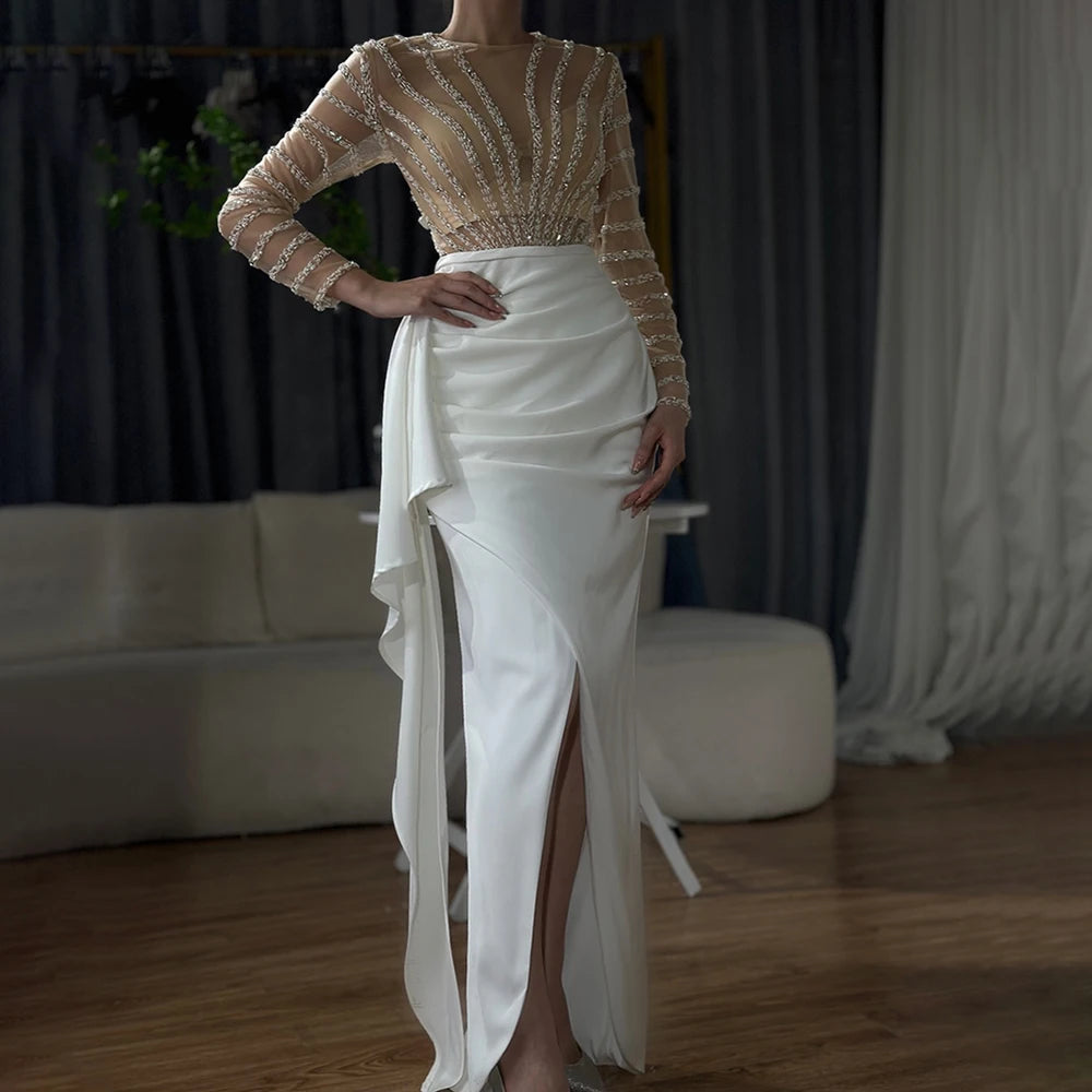 Serene Hill 2024 White Long Sleeves Mermaid Split Evening Dress Beaded Luxury Elegant for Women Party LA71531