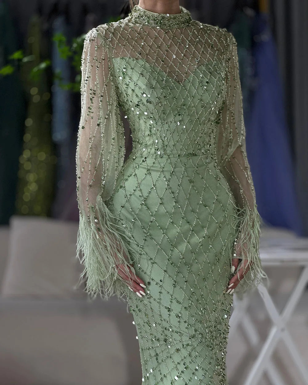 Serene Hill 2024 Saudi Caramel Illusion Cut Out Lace Beaded Feathers Mermaid Evening Dresses Gowns for Formal Occasion LA72394A