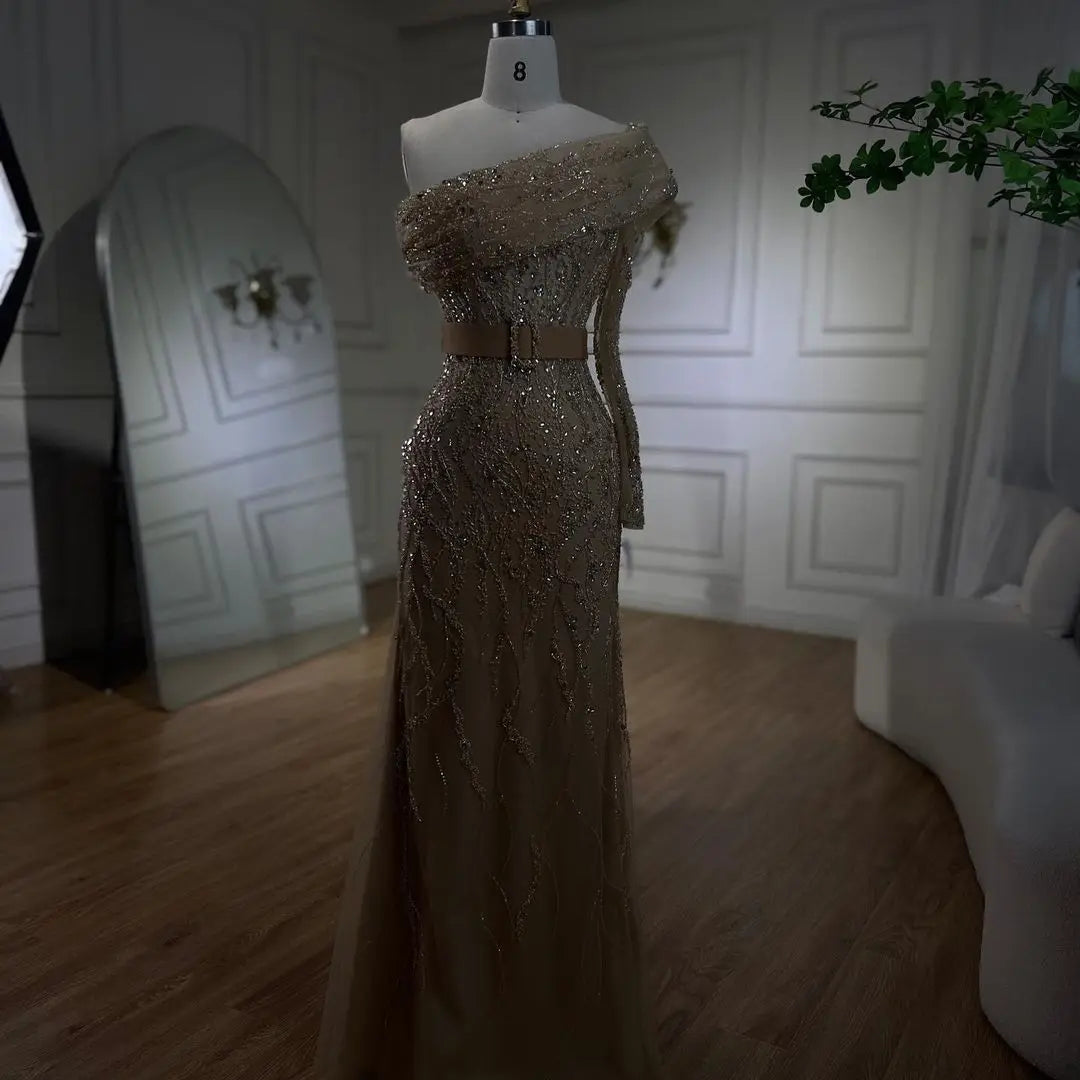 SERENE HILL 2024 Arabic Nude Mermaid One Shoulder Luxury Beaded Evening Party Dresses Formal Gowns For Women Wedding GLA72161