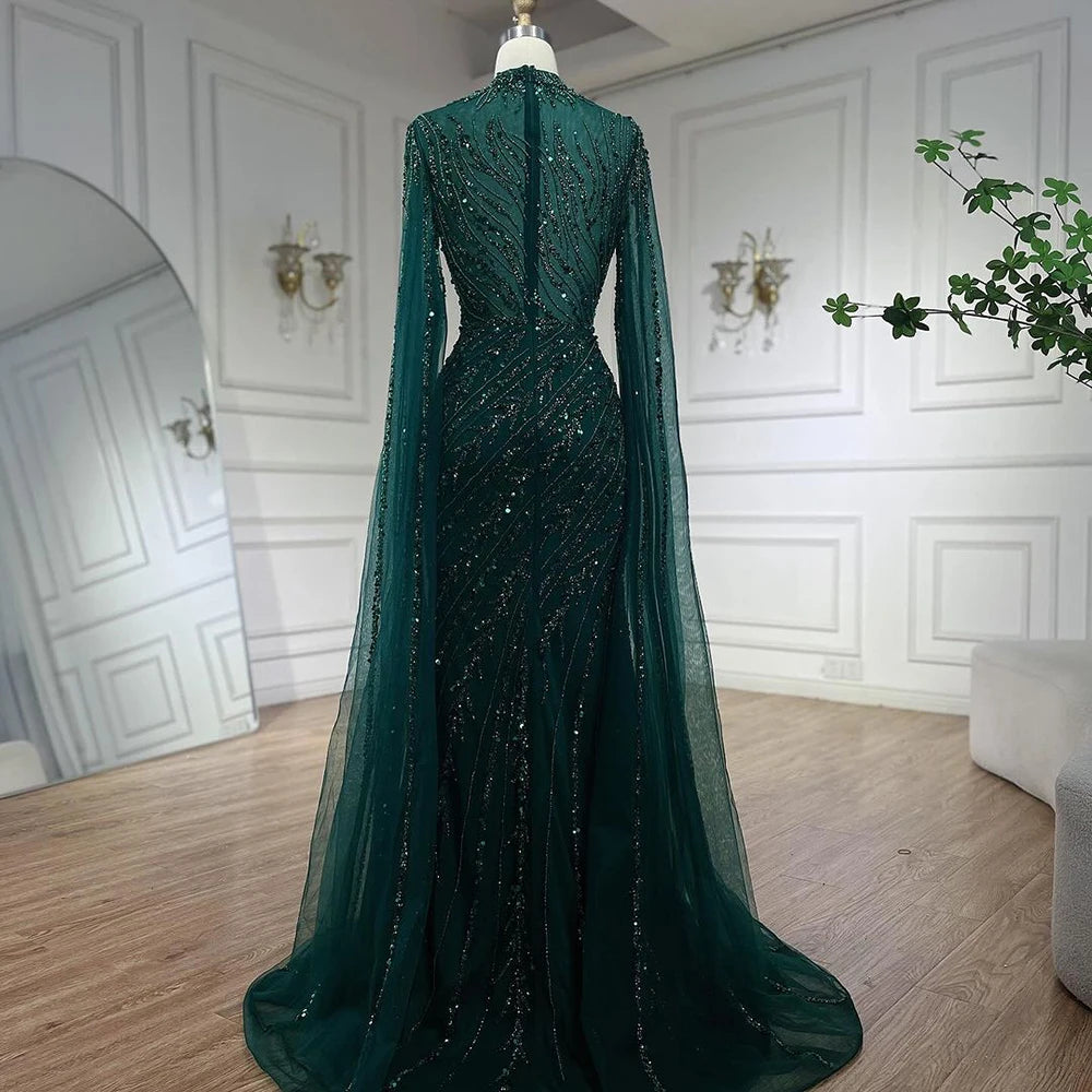 Serene Hill 2024 Nude Cape Sleeves Mermaid Lace Beaded Luxury Dubai Long Evening Dresses Gowns For Formal Occasion LA71885A