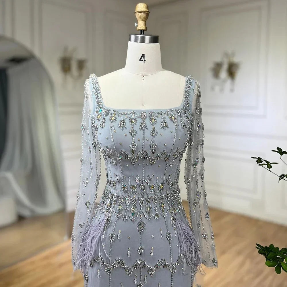 Serene Hill Muslim Turquoise Mermaid Elegant Evening Dresses Gowns 2024 Luxury Beaded Feather For Women Party LA71722