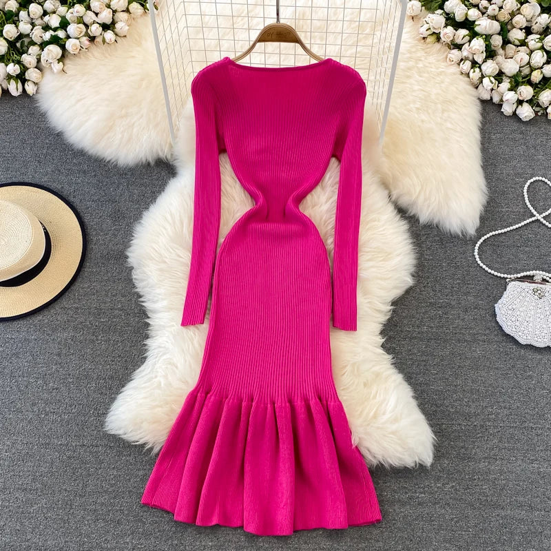 Chic V Neck Long Sleeve Elegant Mermaid Dress Sexy slim Evening Party French Fashion Knit Vestidos High Waist Autumn Slim Robe