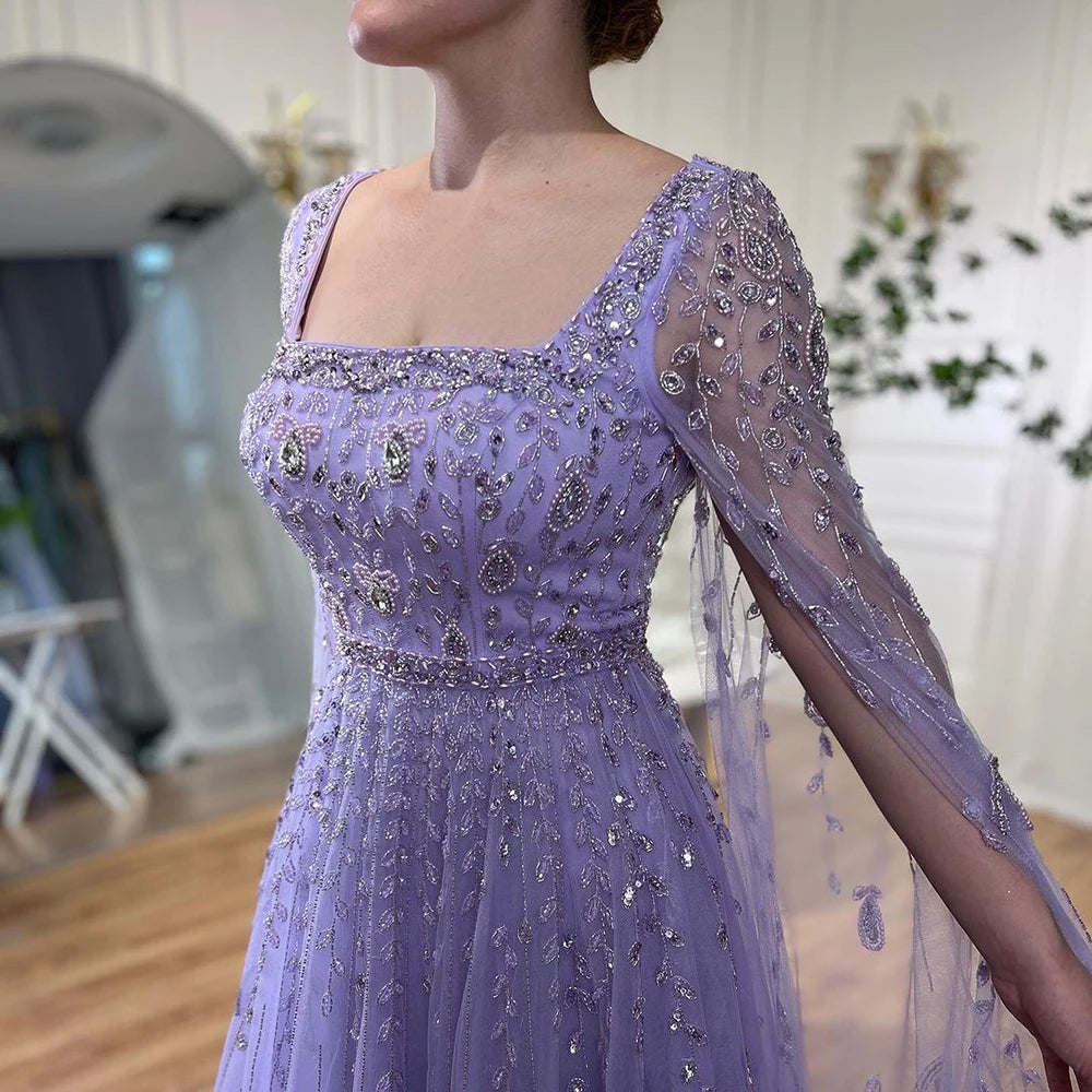 Serene Hill 2024 Muslim Pink A Line Beaded Elegant Cape Sleeve Luxury Evening Dresses Gowns For Women Wedding Party LA71803A