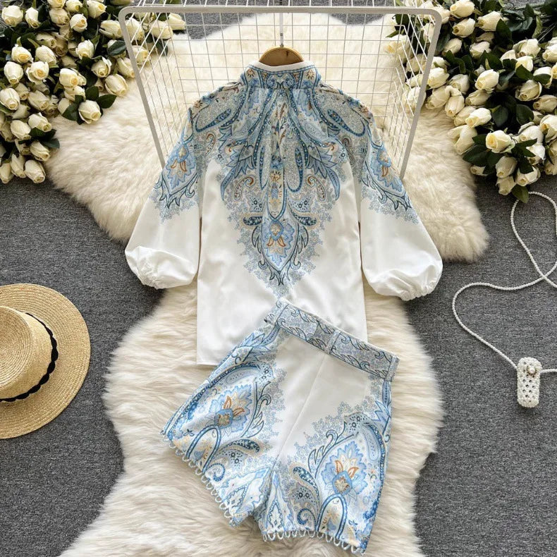 Spring Summer Retro Print Two Piece Set Women Lantern Sleeves Standing Neck Blouse Top+High Waist Wide Leg Shorts Elegant Suits