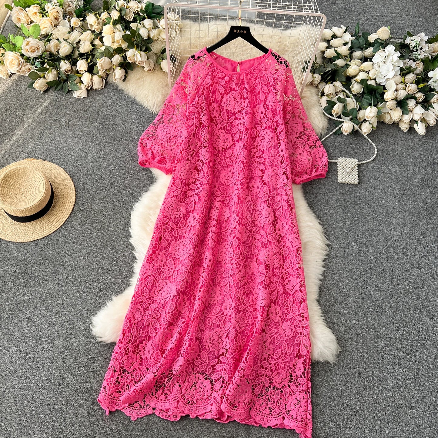 Chic Long Sleeve O Neck Lace Hook Flower Hollow Loose Dress Chiffon A-line Casual Dresses Fashion Women Elegant Vestidos