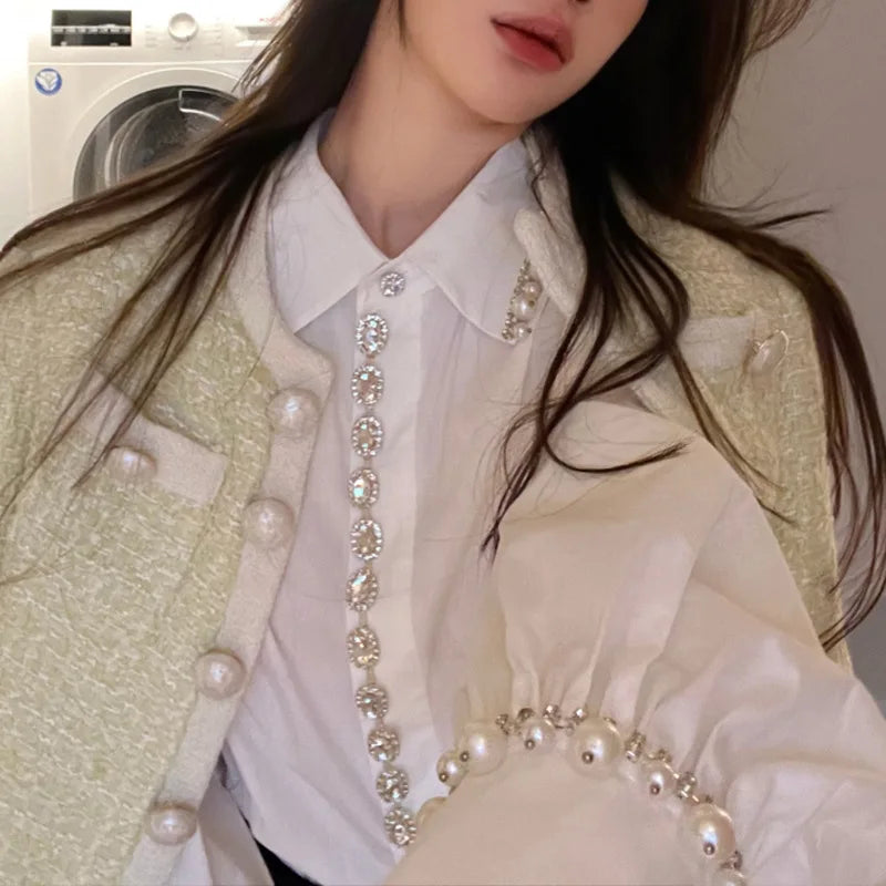 Luxurious Temperament Pearl Diamond Decoration Single breasted Lapel Shirt Blouse Women's Autumn New Elegant White Shirts Top