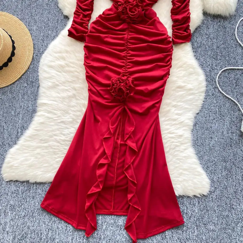 Sexy Elegant and Chic Women Pleated Mermaid Dress Strapless Bodycon Slim Evening Party Christmas Dresses Female Clothes Mujers