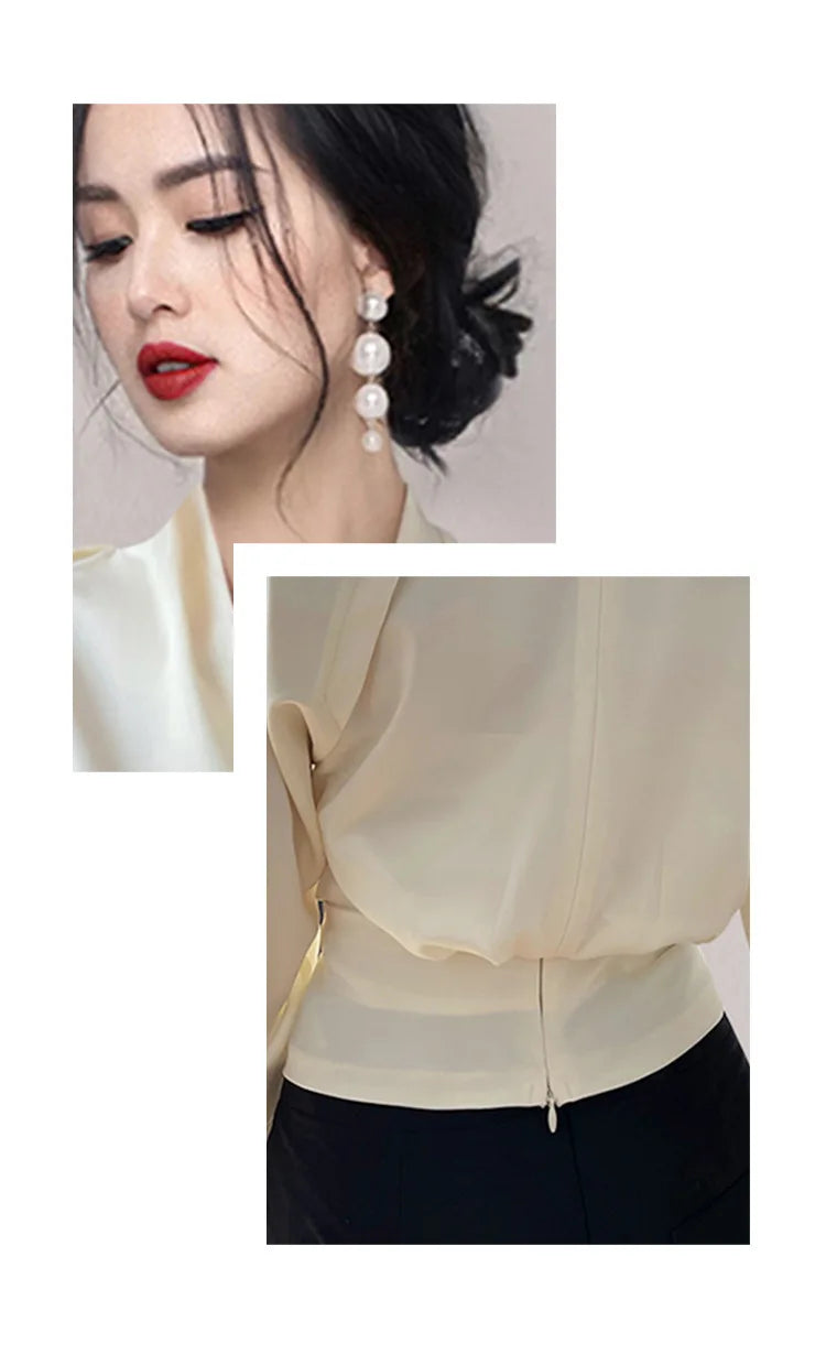 Autumn New Women's Long sleeved V-neck Shirt Top Short French Elegant Temperament Satin Effect Slimming Shirt Blouse