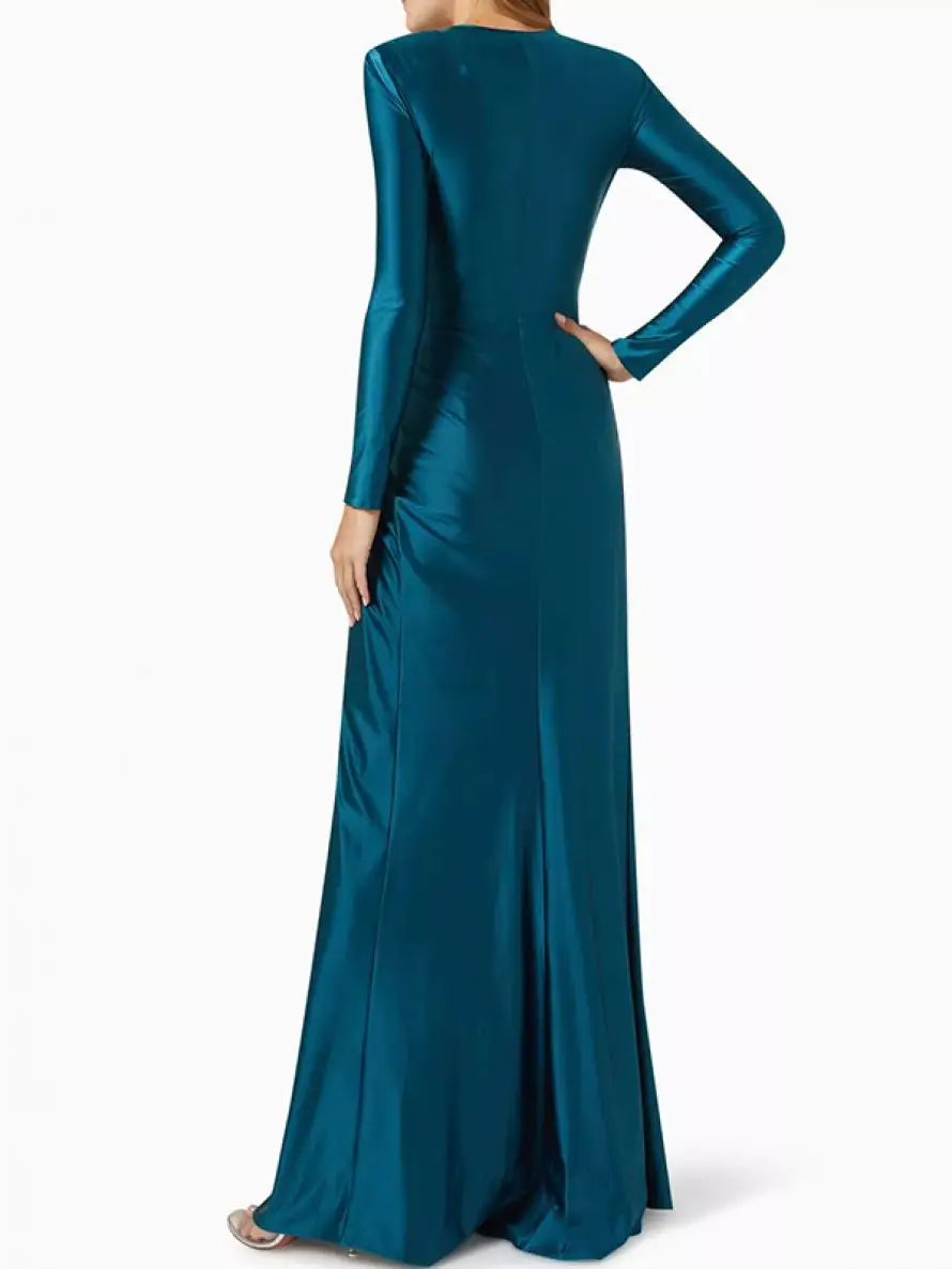 Yeezzi 2024 New Female Tied Waist Deep V-Neck Pleated Prom Banquet Dress Spring Long Sleeves Elegant Party Evening Maxi Dresses