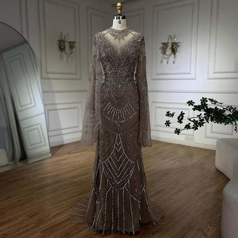Serene Hill Dubai Gray Elegant Mermaid Beaded Lace Arabic Luxury Evening Dresses Gowns 2024 for Women Wedding Party LA72517