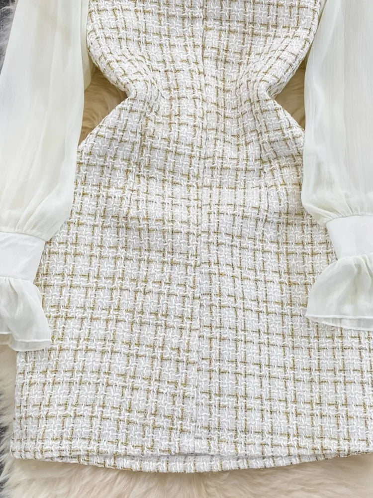 Autumn Fashion New Women Tweed Plaid Mini Dress Elegant Chiffon Patchwork Long Sleeve Dresses Female Casual One Piece Clothes