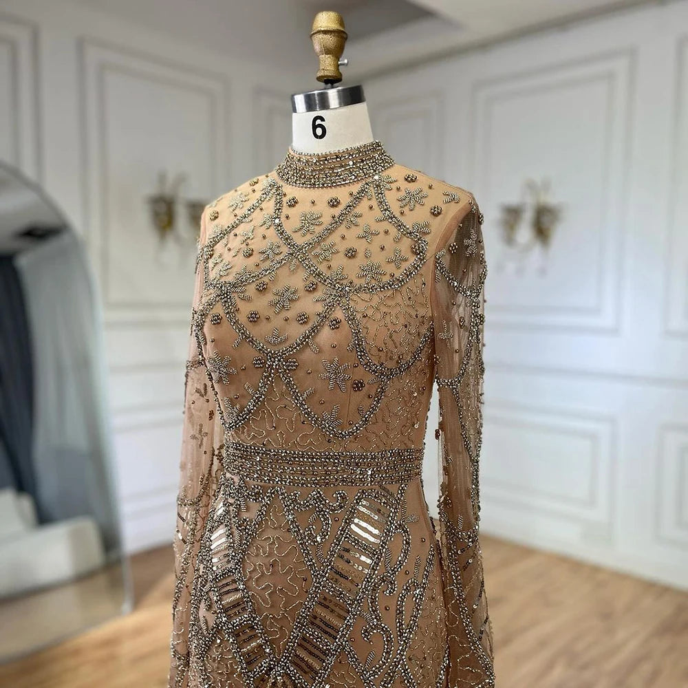 Serene Hill Muslim Grey Mermaid Elegant Nude Cape Sleeve Beaded Luxury Dubai Long Evening Dress 2024 Women's Party LA72316