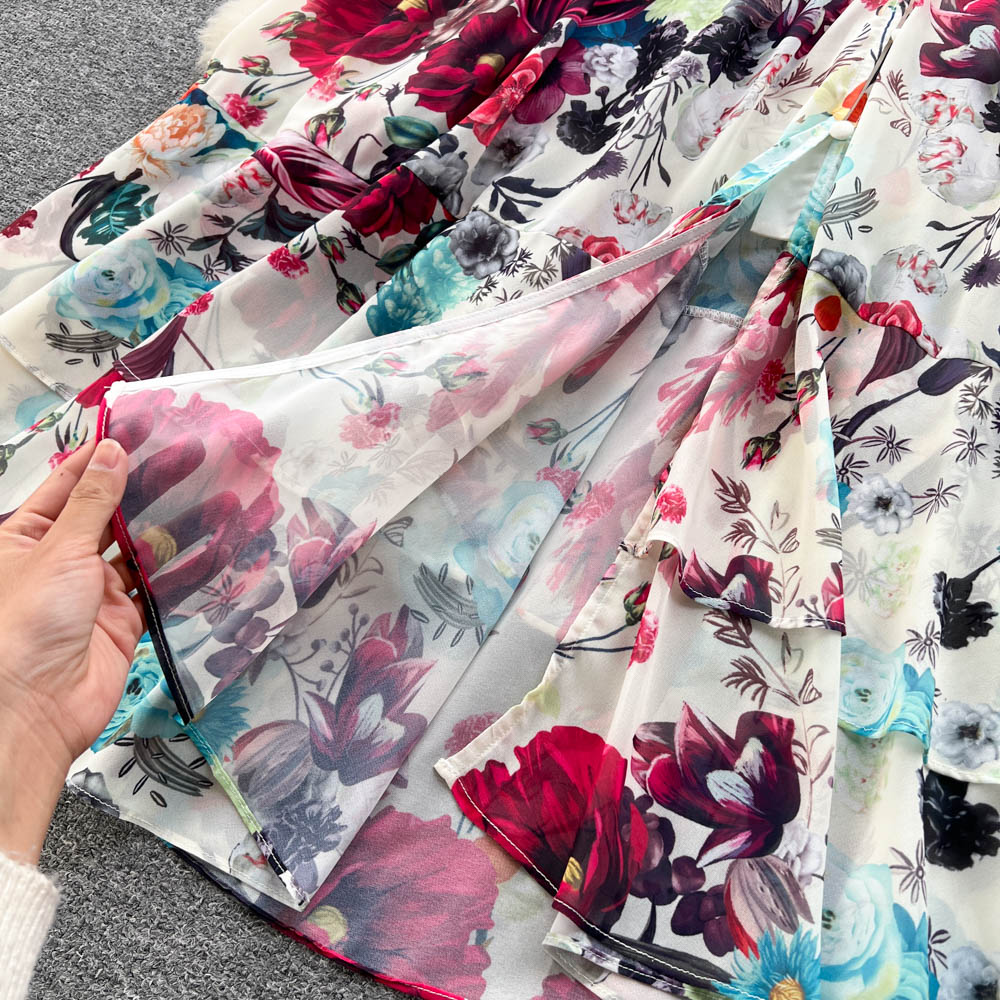 Retro Floral Print Pleated Elegant Chiffon Maxi Dress A-line Mesh V Neck Beach Vacation Party Dress Women Summer Spring Vestidos