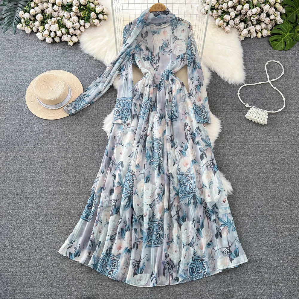 Elegant Chic A-Line Women Autumn Dress Long Sleeve Casual Floral Print Vintage Beach Holiday Vestidos Female Lace-up Robe Mujers