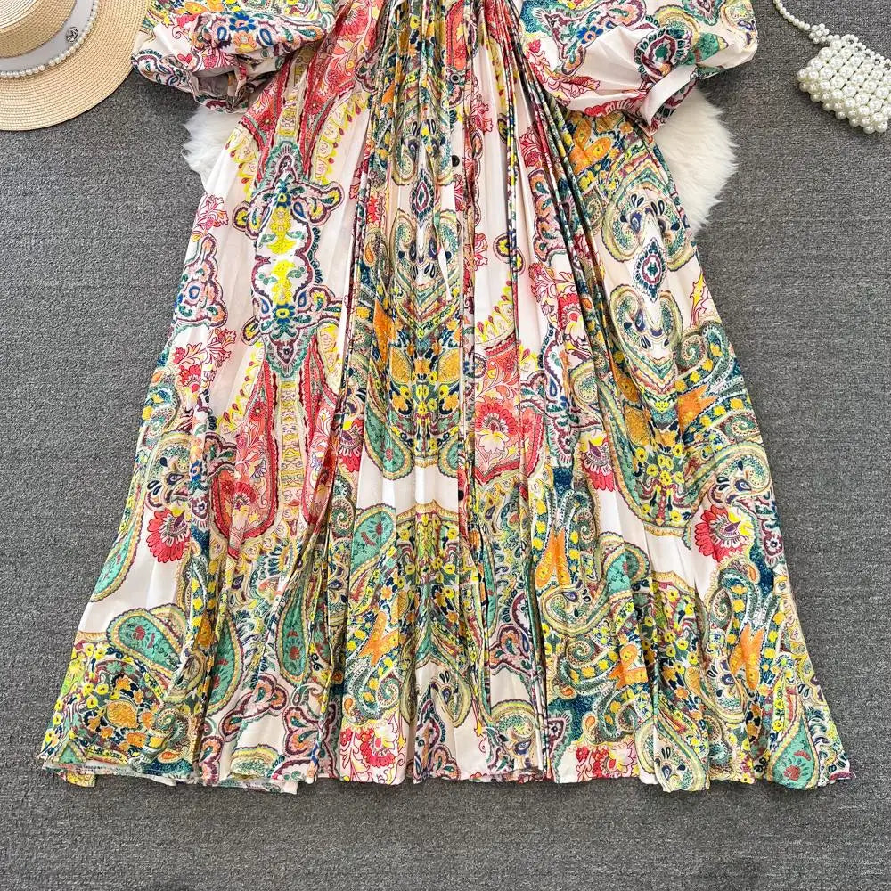 Elegant Women Casual Floral Print Party Dress Vintage Lantern Sleeve A-Line Pleated Prom Birthday Clothes Female Fashion Robe