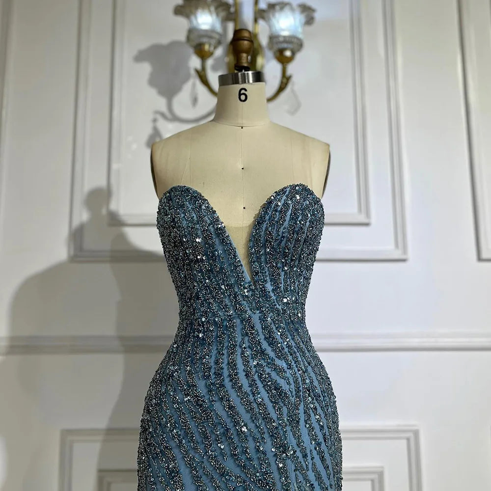 Serene Hill 2024 Arabic Strapless Blue Beaded Feathers Luxury Dubai Evening Gowns with Side Skirt for Women's Party LA72695