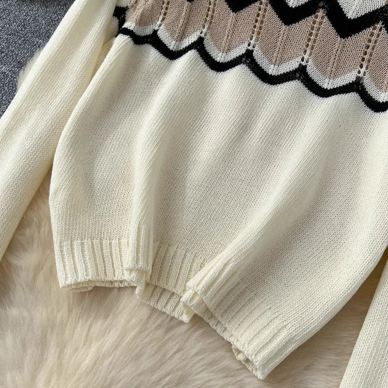 Korea Fashion Vintage Contrast Wavy O-neck Long Sleeve Knitted Sweater Tops High Waist Slim Skirt Women Two-piece Sets Autumn