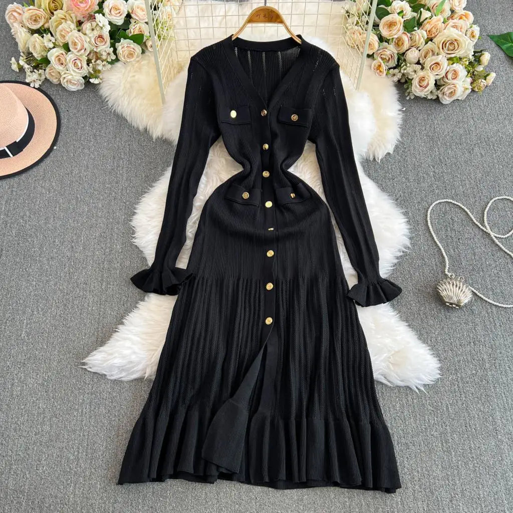 Women Vintage Mermaid Knitted Dress Elegant Casual Single Breasted Bodycon Slim Evening Dresses Female One Piece Clothes Mujers