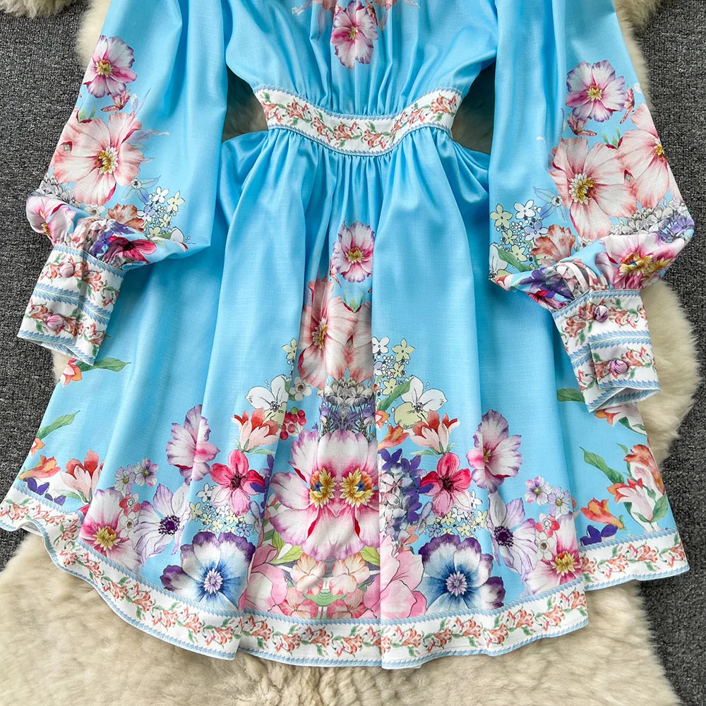 Spring Dresses 2024 Women Fashion Elegant Vintage Floral Print Dress V Neck Front Button Up Long Sleeve Holiday Mini Dress Woman