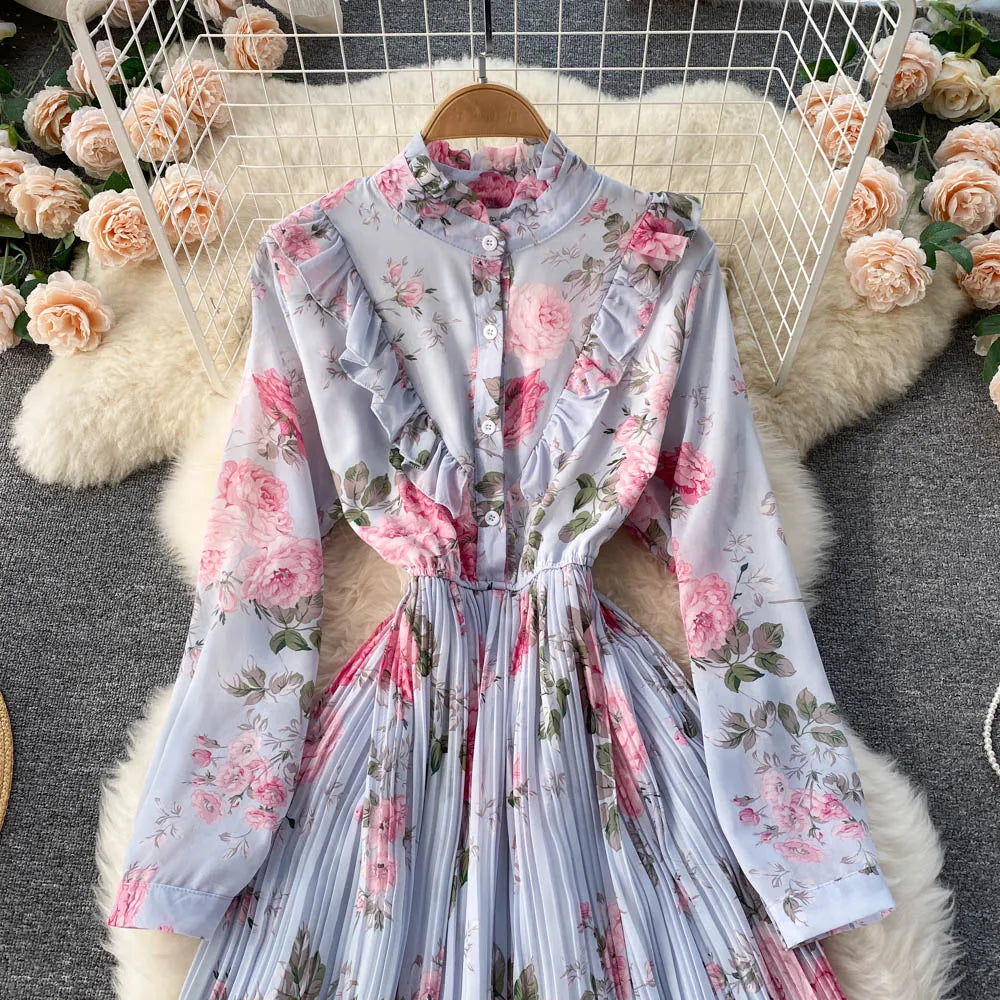 Retro Floral Print Pleated Elegant Chiffon Maxi Dress A-line Fashion Beach Vacation Party Dress Women Summer Spring Vestidos