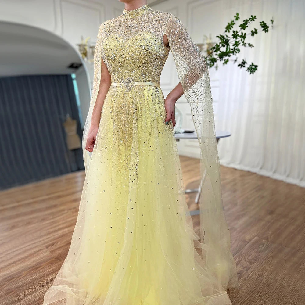 Serene Hill Blue A-Line High-end Beaded Luxury Cape Sleeves Evening Dresses Gowns 2024 For Woman Party Plus Size LA70066B